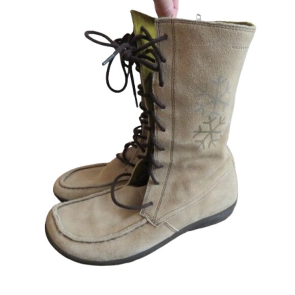 Vagabond Shoes - VAGABOND Cream Suede Leather Lace Up Snowflake Moccasin Winter Boots Size 6.5